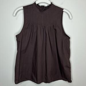 J.Crew Brown Pintuck Cotton Poplin Shirt Size XS Ruffle Neckline Sleeveless